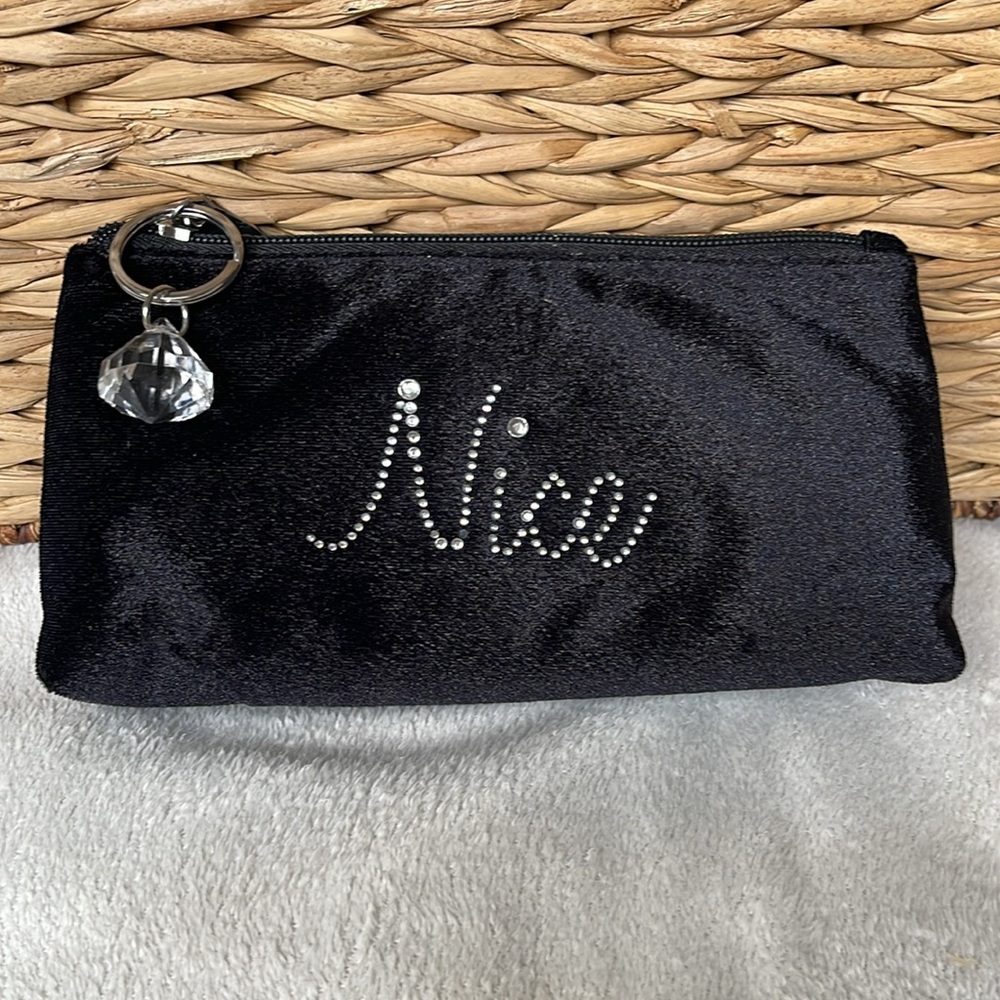 New Black Faux Velvet Rhinestone 2 Sided Nice/Naughty Zippered Bag